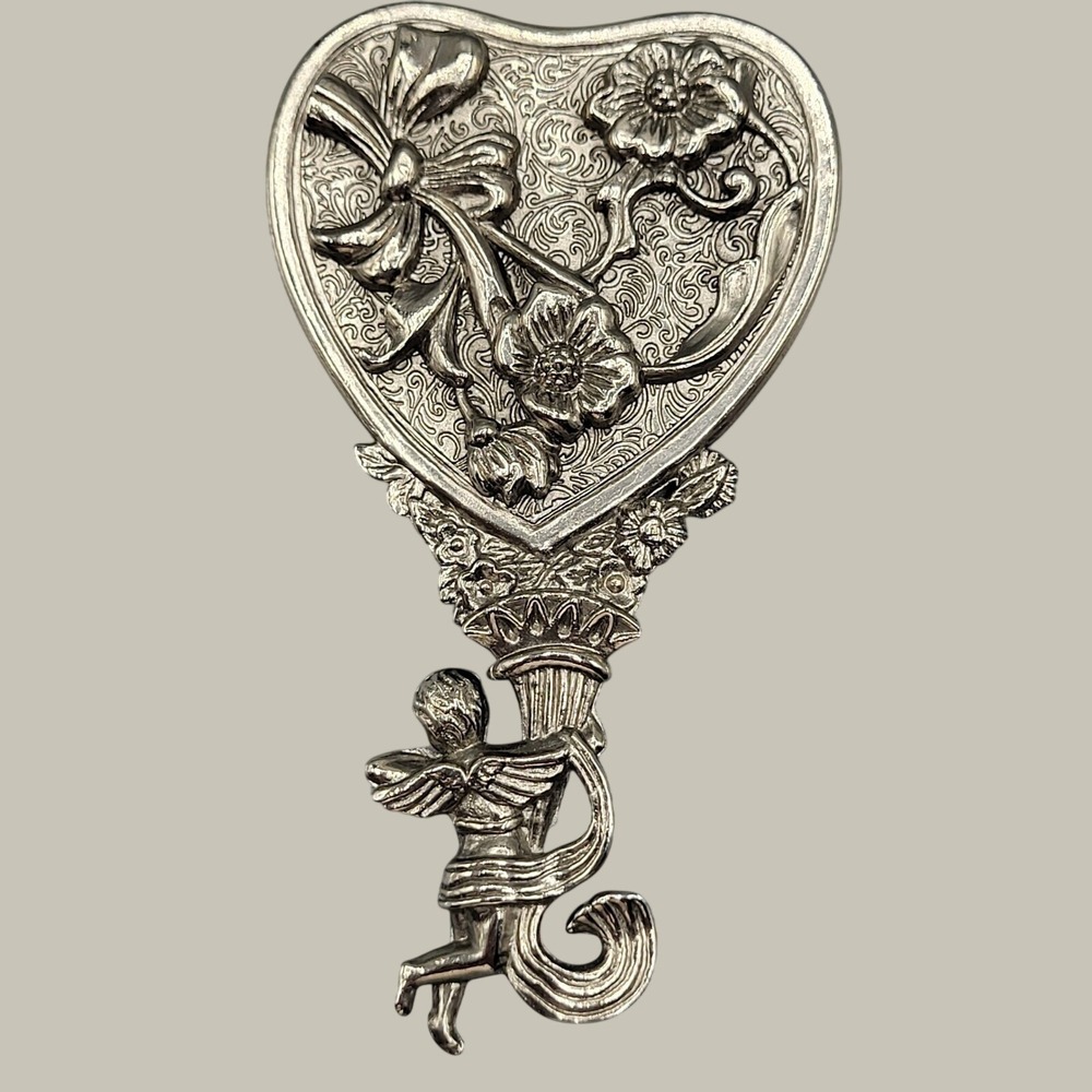 Metal Hand Mirror Heart Cherub Cupid Floral Silver Tone Hand Held
